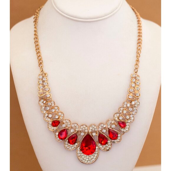 Vintage Red Teardrops Victorian Bib Necklace 20 inch - U11 - Picture 2 of 3
